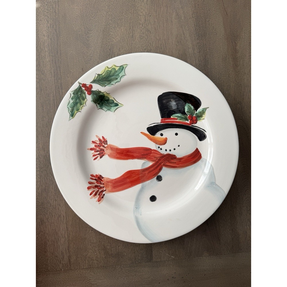 Maxcera Top Hat Snowman Holly Christmas Ceramic Platt 14 Inch Holiday Serving